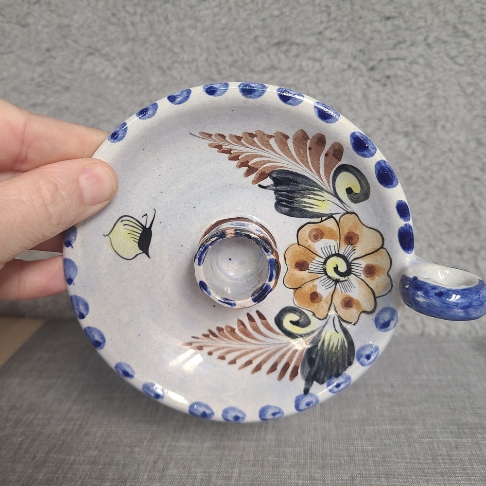Tonala Mexico Chamberstick Taper Candle Holder Pottery Butterfly Floral Signed - Picture 9 of 10